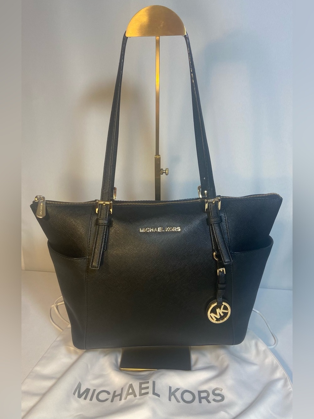 Michael Kors Jet Set Large Saffiano Leather Top-Zip Tote Bag Black Gold & Dusty